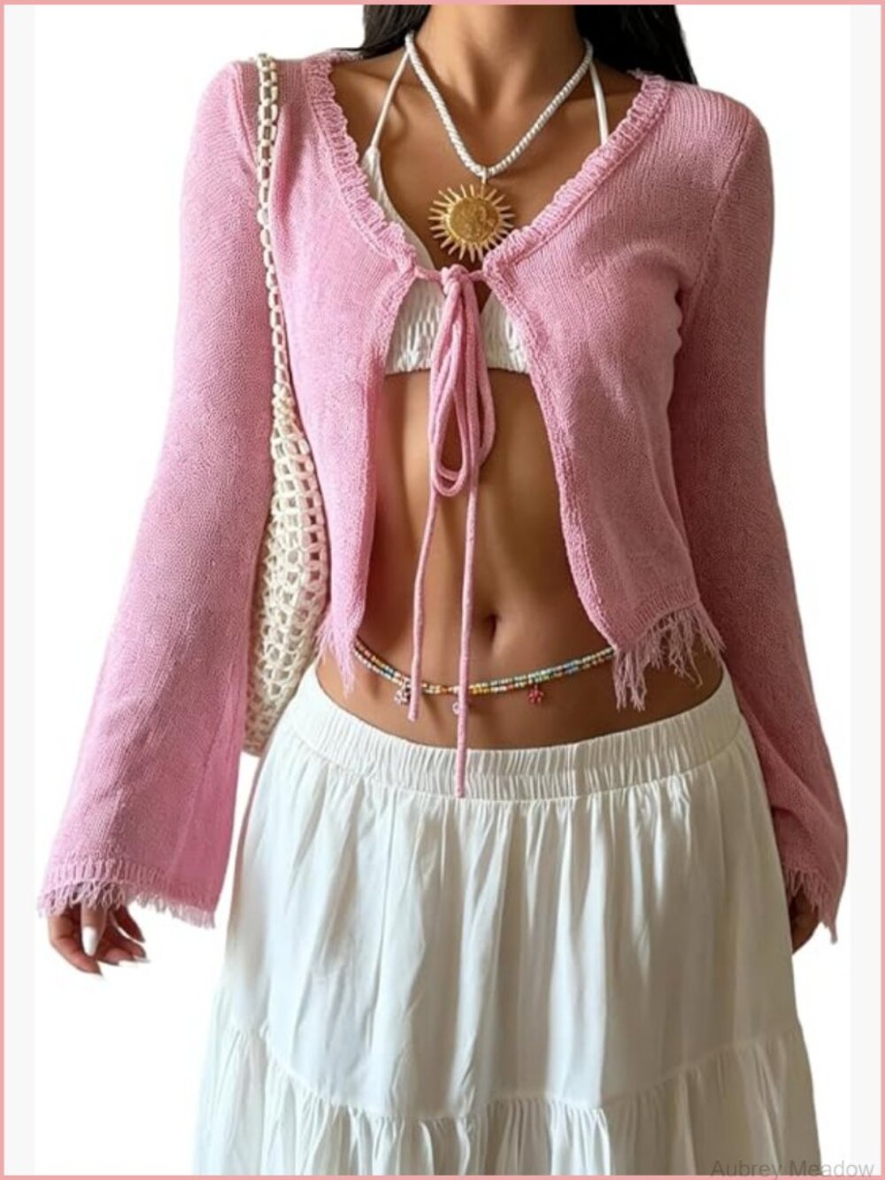 Tie Front Knit Cardigan Shrug V Neck Bell Long Sleeve Y2k Lightweight Summer - Picture 1 of 5